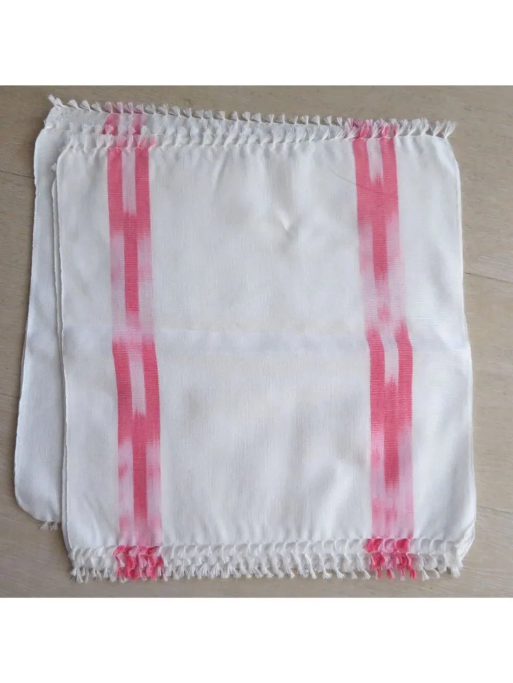 Set of 6 New White Napkins Pink Stripes Fringe Edges 12